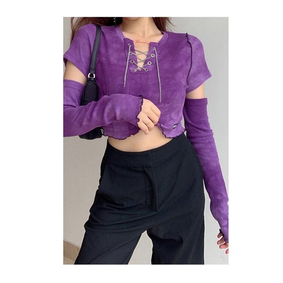 Gothic Punk Streetwear Top with Attached Sleeves - Tie Dye Crop Top - Picture 6 of 13